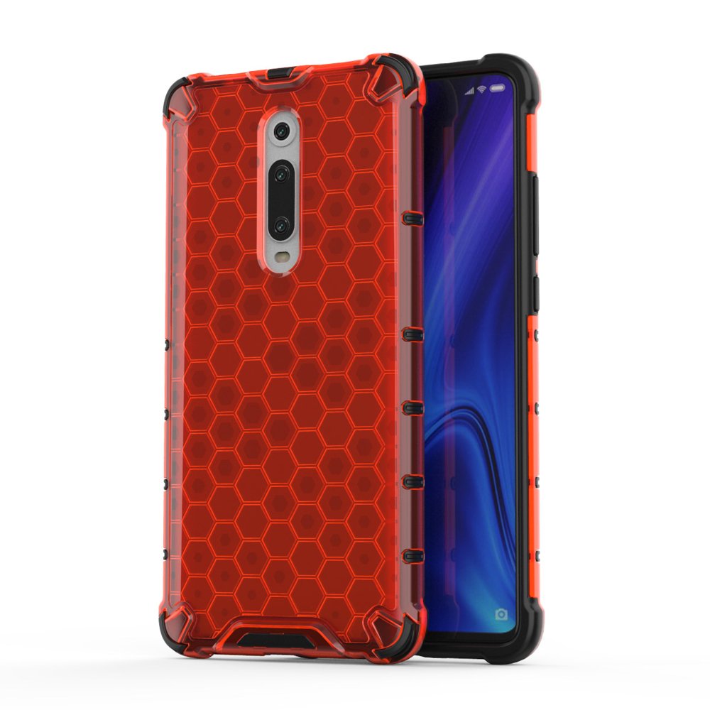 Xiaomi Mi 9T Telefontok - Hexagon mintás ütésálló áttetsző piros műanyag tok, szilikon peremmel
