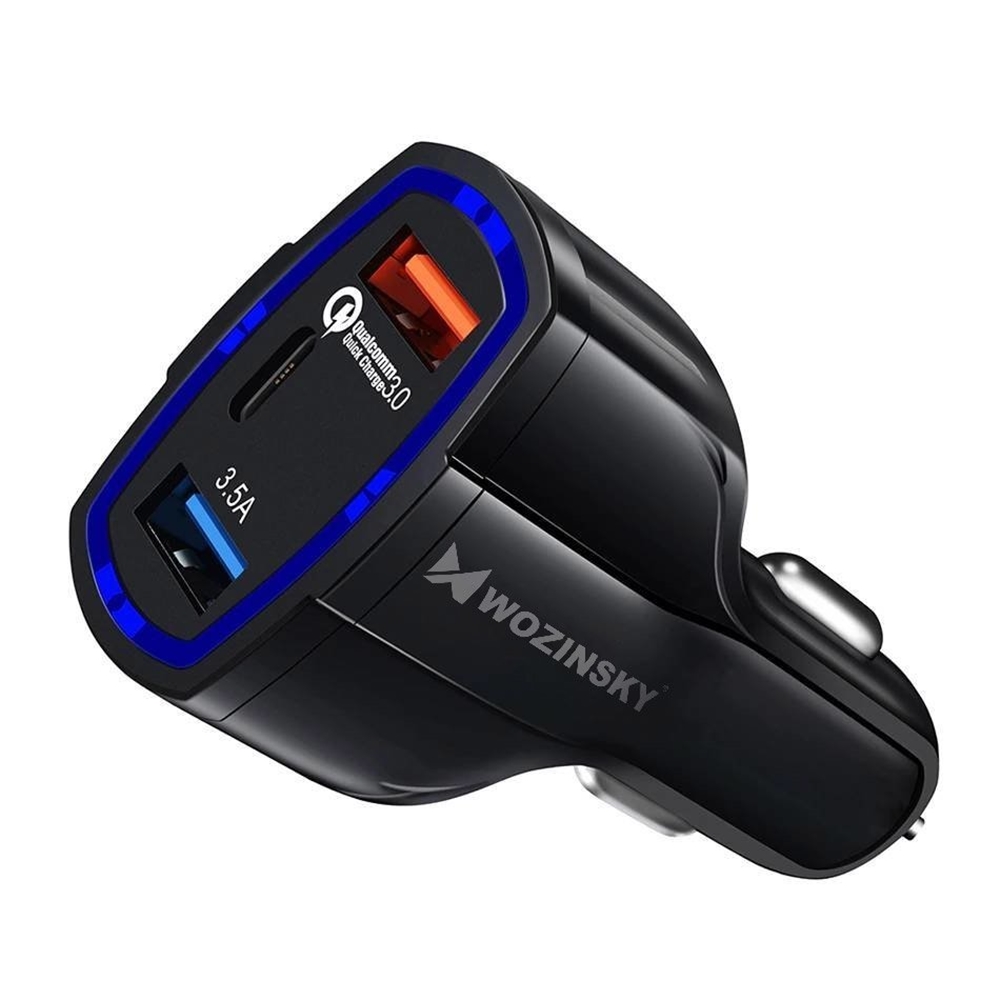 Wozinsky WCC-01 Autós töltő - szivartöltő fej, 2USB, Type-C, 3,5A, fekete