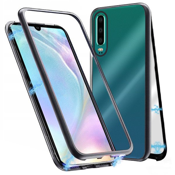 Telefontok Huawei P30 - mágnesesen záródó hátlaptok fekete fém kerettel és átlátszó hátlappal