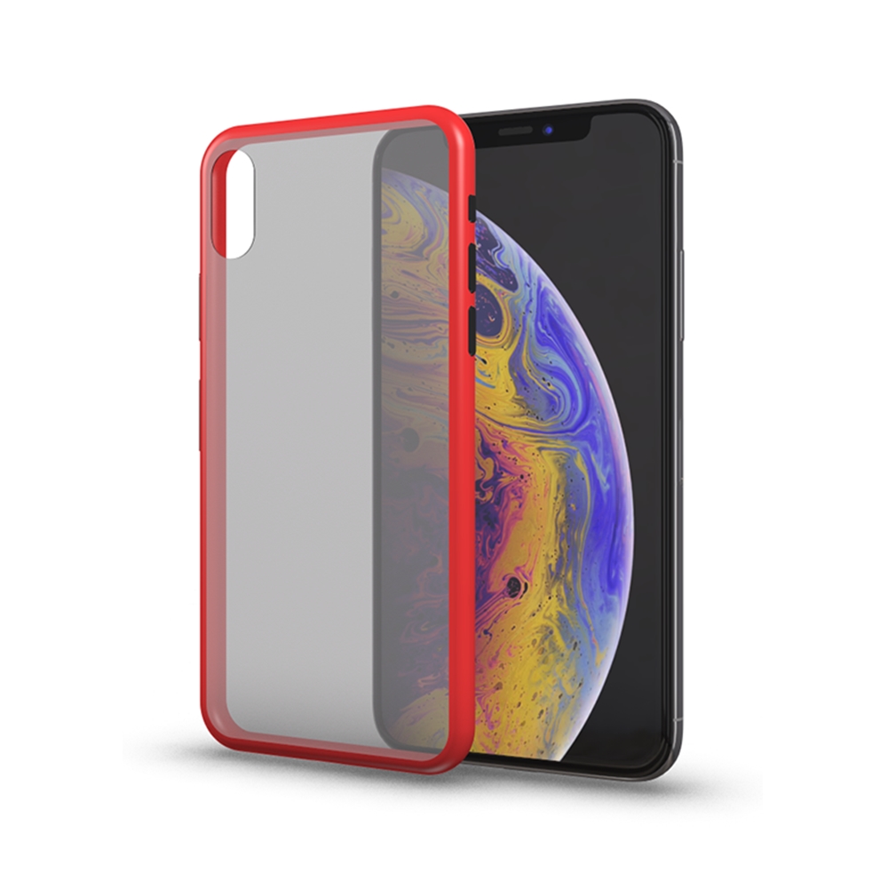 Xiaomi Redmi 9A / 9AT Telefontok - áttetsző fekete műanyag hátlaptok, piros matt szilikon kerettel