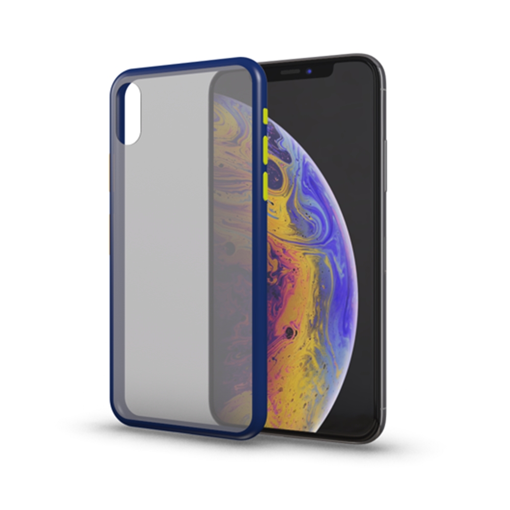 Xiaomi Redmi 9A / 9AT Telefontok - áttetsző fekete műanyag hátlaptok, kék matt szilikon kerettel