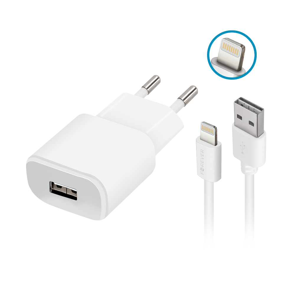 Forever Töltő - fehér hálózati töltőfej + Lightning / USB kábel, 1A