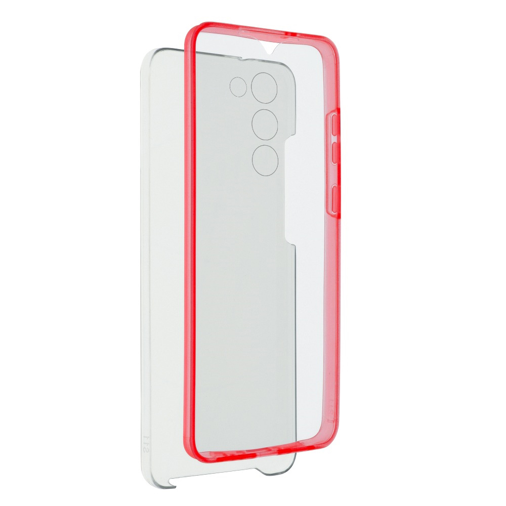 Samsung Galaxy S21+ (S21 Plus) Telefontok - átlátszó piros keretes szilikon előlap + plexi hátlapi tok 360°