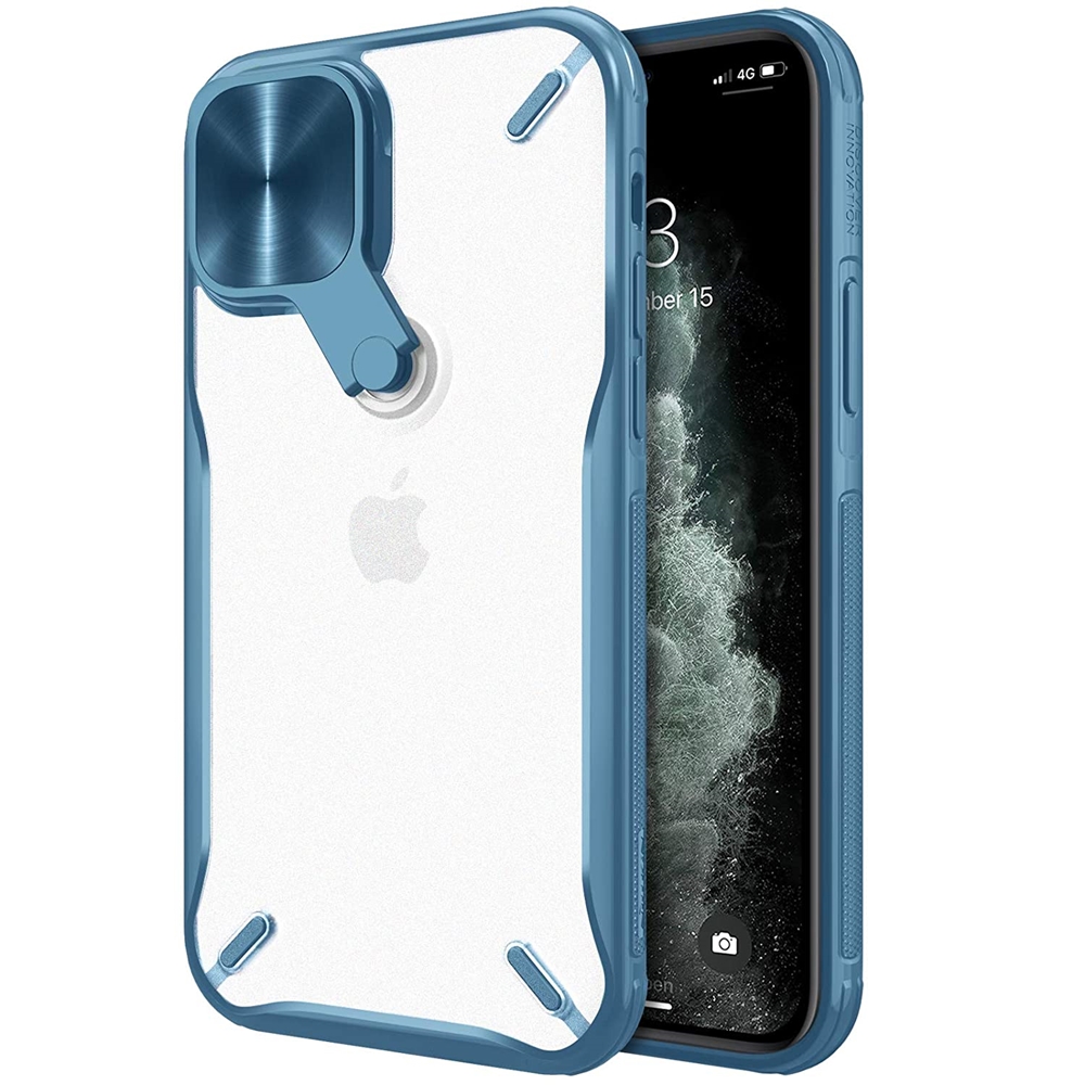 iPhone 12 Pro Max Telefontok - Nillkin Cyclops - áttetsző kemény hátlaptok, kék szilikon kerettel, kitámasztható kamerafedéllel
