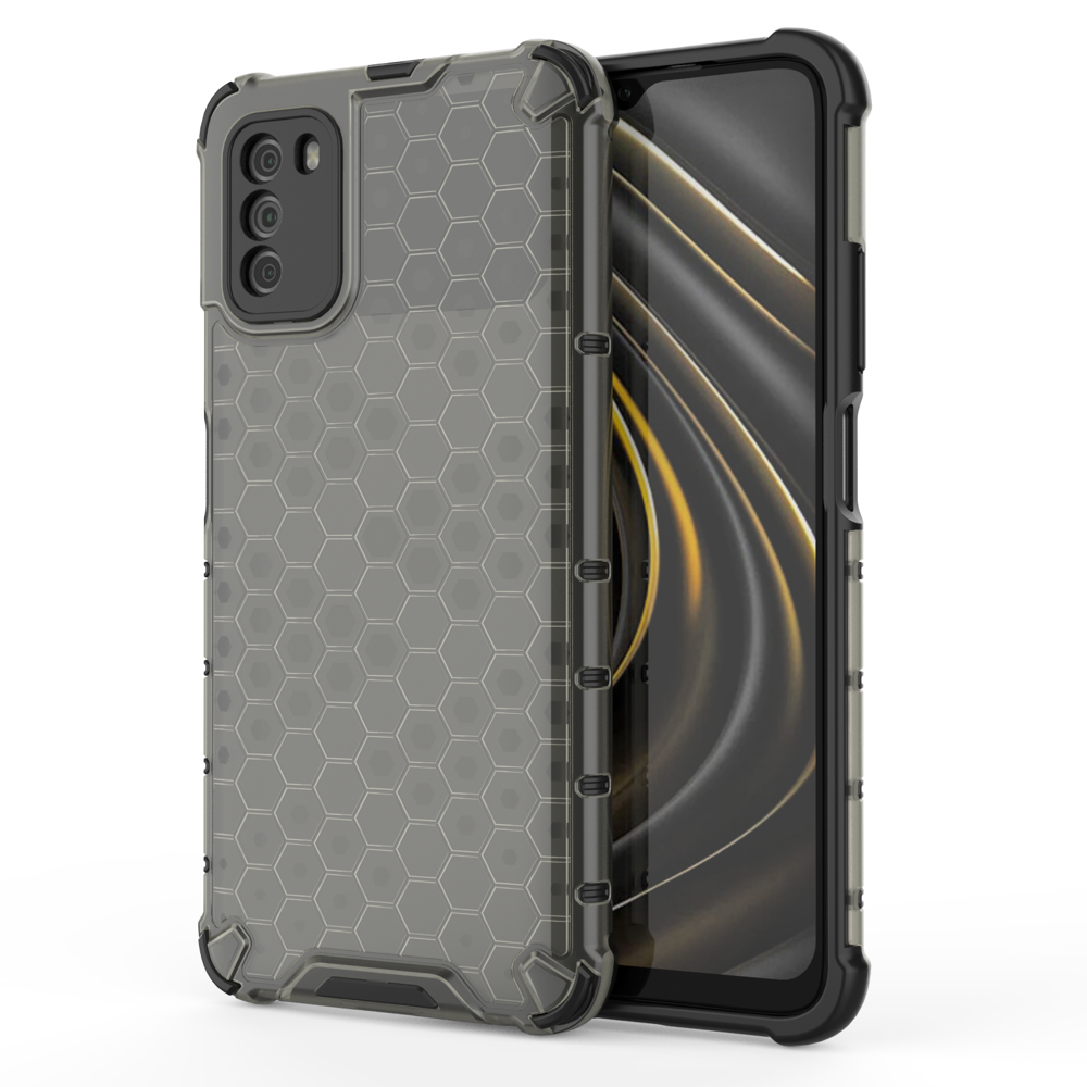 Xiaomi Poco M3 Telefontok - Hexagon mintás ütésálló fekete áttetsző műanyag tok, szilikon peremmel