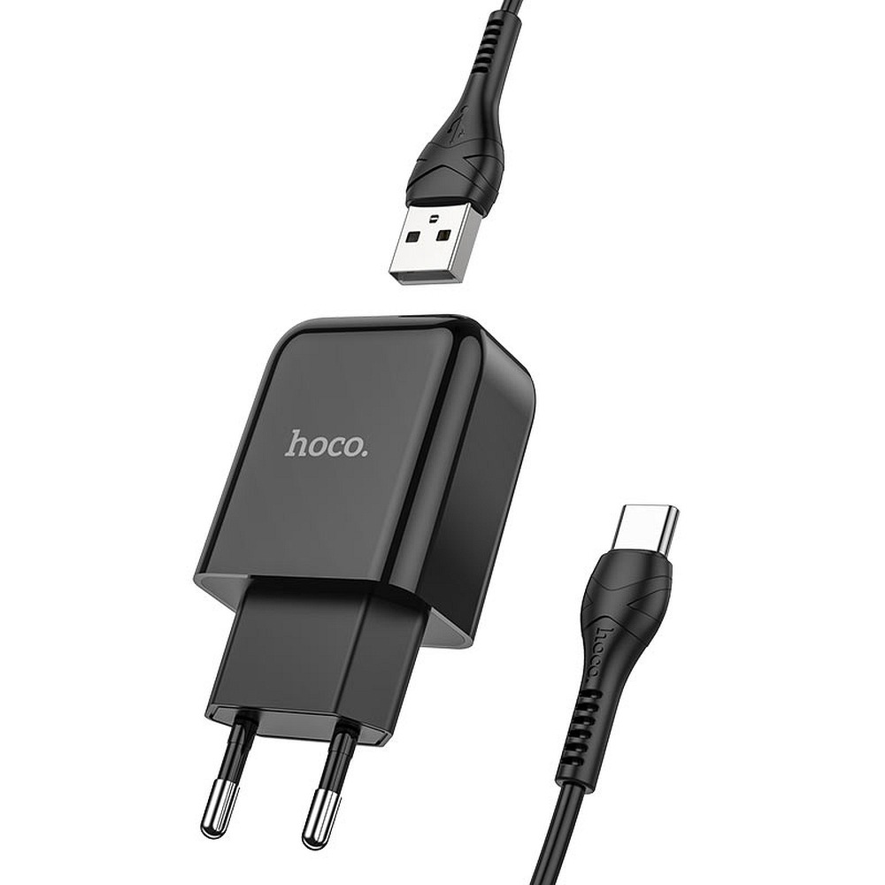 HOCO N2 Töltő - USB portos fekete hálózati töltőfej 2A + USB / Type-C (USB-C) adatkábel (1m)
