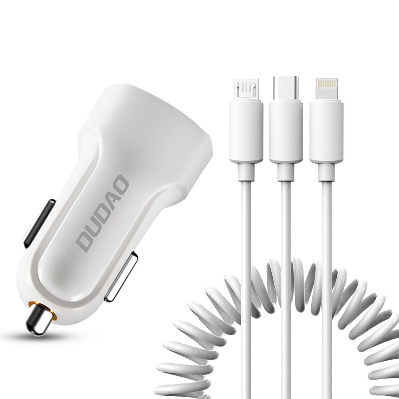 Dudao R7 Autós töltő - 3in1 fehér szivartöltőfej - 1USB 2.4A + MicroUSB, Lightning, Type-C (USB-C)
