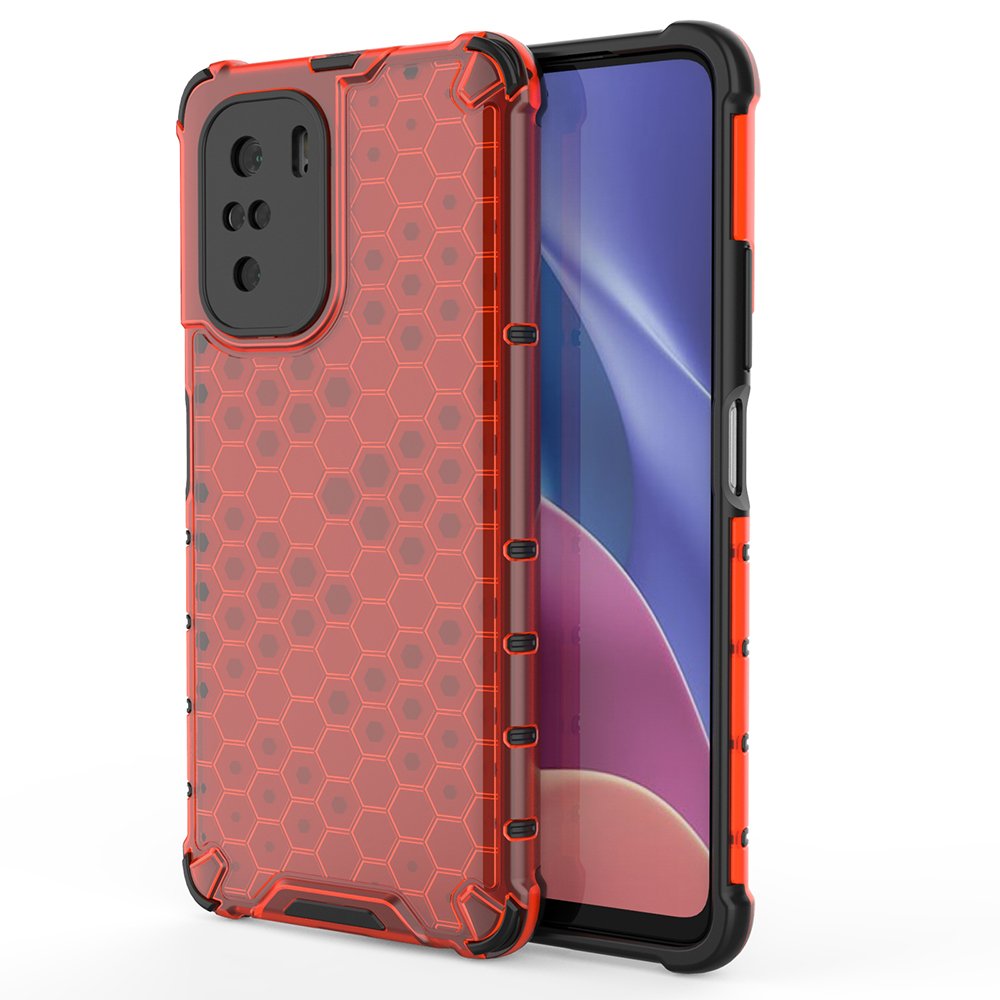 Xiaomi Poco F3 / Xiaomi Mi 11i Telefontok - Hexagon mintás ütésálló áttetsző piros műanyag tok, szilikon peremmel