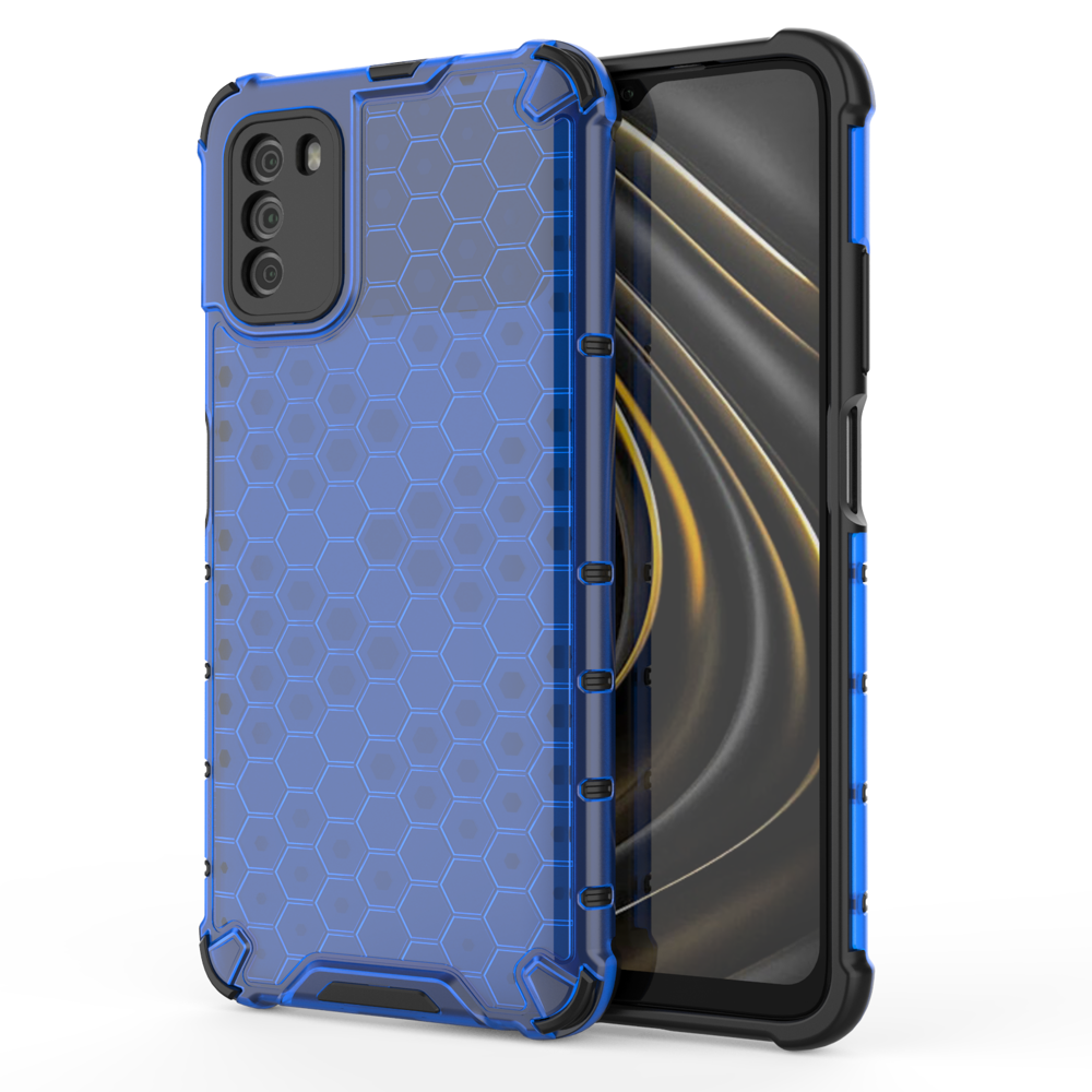 Xiaomi Poco M3 Telefontok - Hexagon mintás ütésálló kék áttetsző műanyag tok, szilikon peremmel