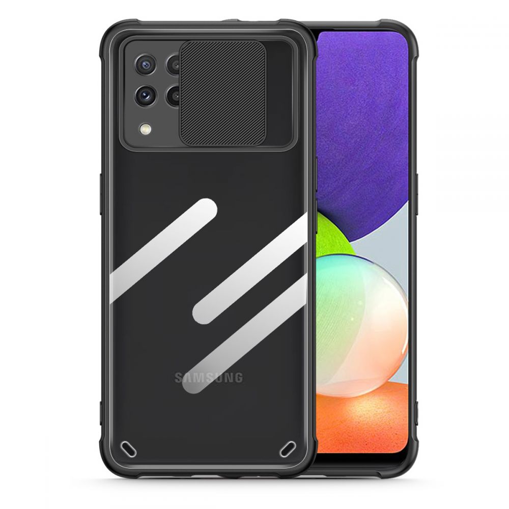 Samsung Galaxy A22 LTE / 4G Telefontok - TECH-PROTECT csúsztatható kameravédős átlátszó fekete keretes hátlap tok