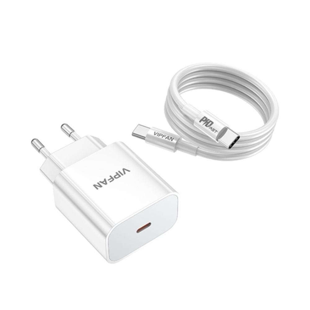Vipfan E4S - hálózati töltőfej Type-C (USB-C) + kábel Type-C / Type-C, fehér 20W