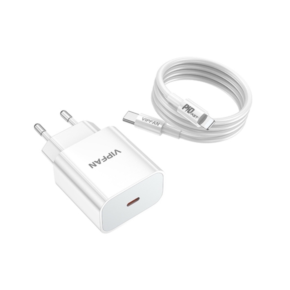 Vipfan E4S - hálózati töltőfej Type-C (USB-C) + Type-C / Lightning kábel, fehér 20W