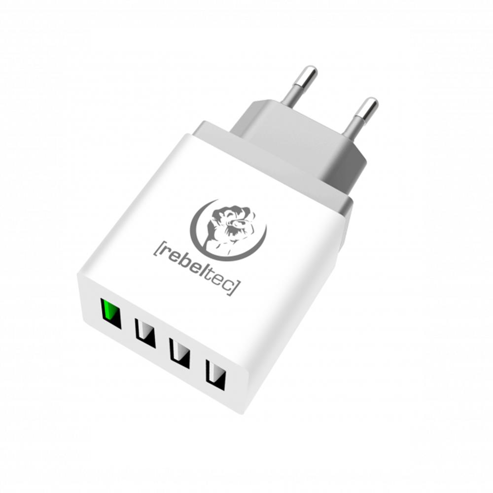 Rebeltec Hálózati töltő QC 3.0 - 4 USB porttal, hálózati gyors töltő, fehér, 3,4A