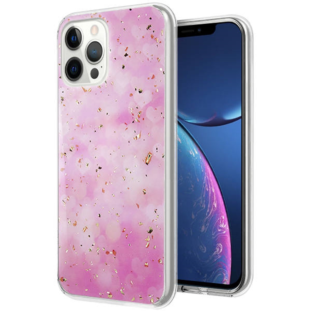 iPhone 13 Pro Max Telefontok - Gold Glam pink - mintás műanyag hátlap tok, szilikon kerettel