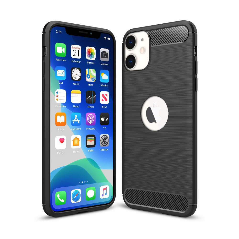iPhone 11 Telefontok - Forcell CARBON fekete szilikon tok (Apple logónál kivágással)