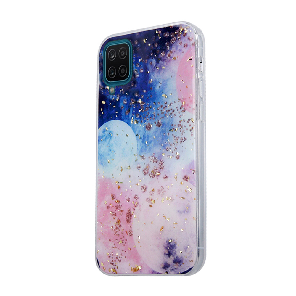 Samsung Galaxy A12 Nacho Telefontok - Gold Glam Galactic - mintás műanyag hátlap tok, szilikon kerettel