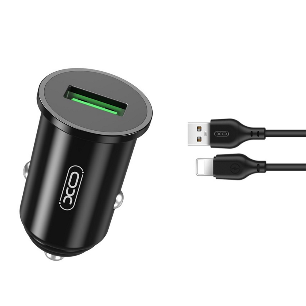 XO TZ12 Autós töltő- fekete autós gyorstöltő, 3A + fekete Lightning kábel (1m)