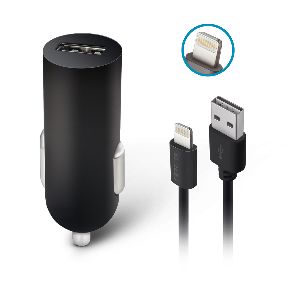 Forever M02 Autós töltő- fekete univerzális töltő + fekete Lightning kábel (1,2m)
