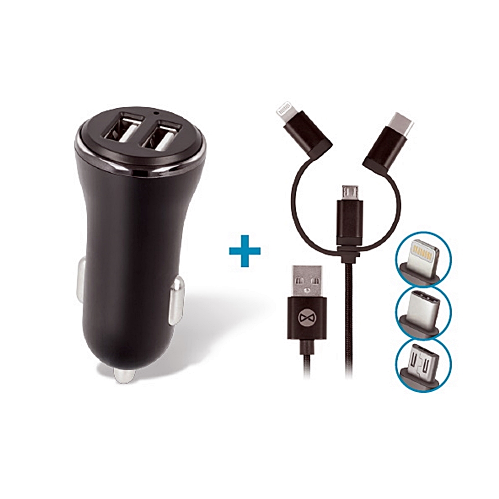 Autós töltő Forever CC03 - fekete univerzális töltő, 2xUSB, 2,4A + fekete MicroUSB / Lightning / Type-C (USB-C) kábel (1m)