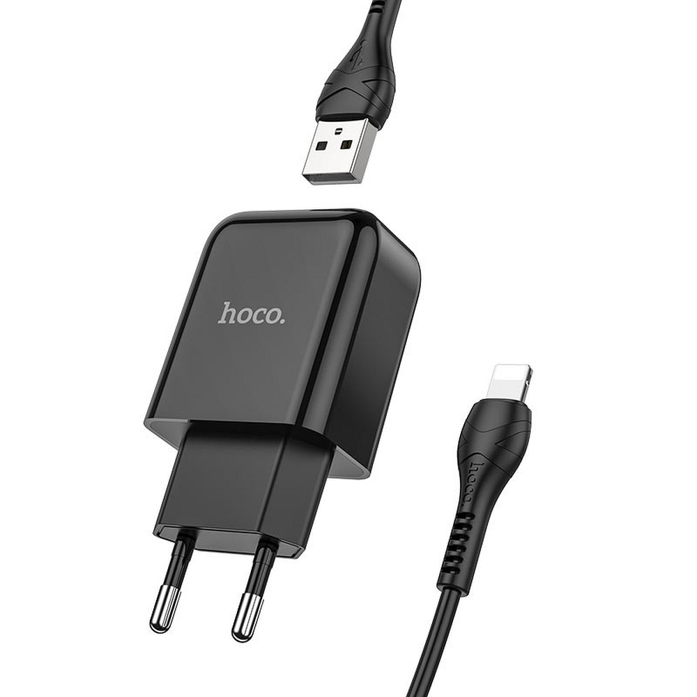 HOCO N2 Töltő - USB portos fekete hálózati töltőfej 2A + USB / Lightning kábel (1m)