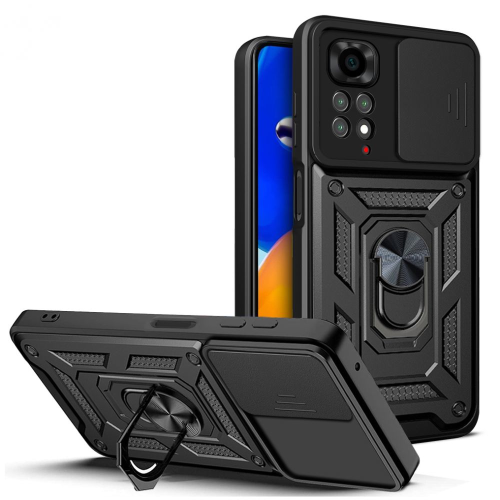 Xiaomi Redmi Note 11 Pro / Note 11 Pro 5G Telefontok - Tech-Protect Camshield - fekete szilikon tok, kitámasztó ujjgyűrűvel, csúsztatható kameravédővel