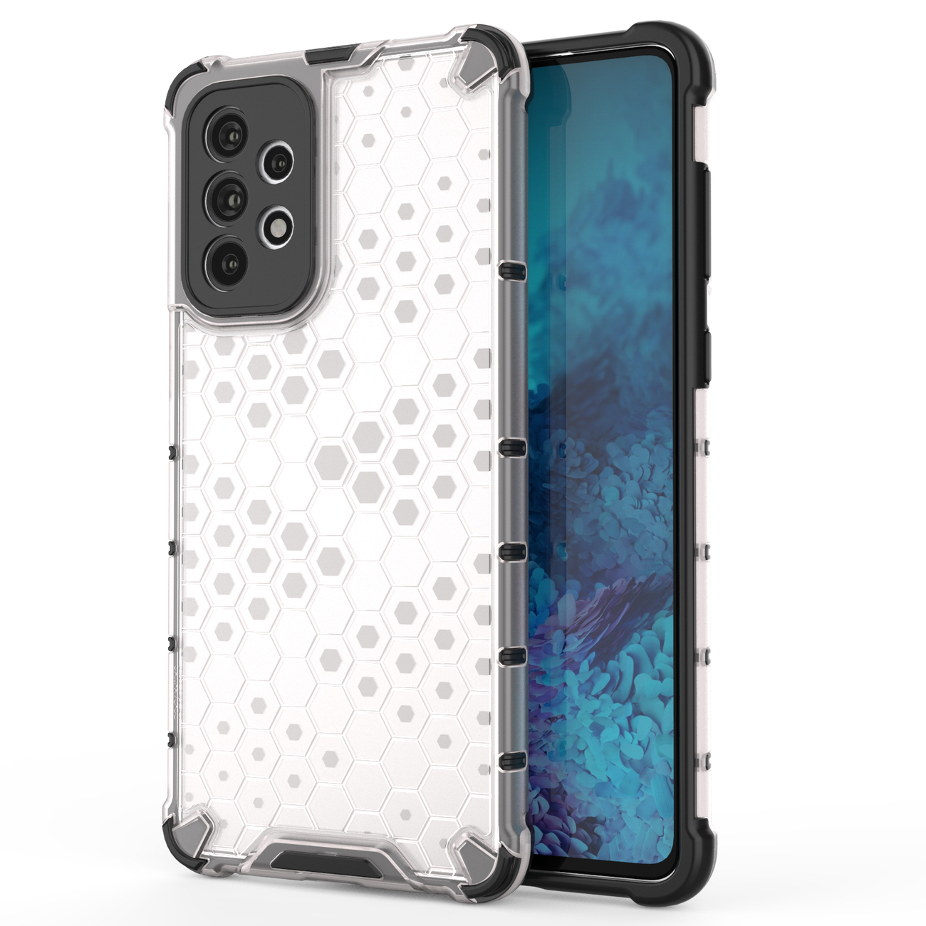 Samsung Galaxy A73 5G Telefontok - Hexagon mintás ütésálló áttetsző műanyag tok, szilikon peremmel