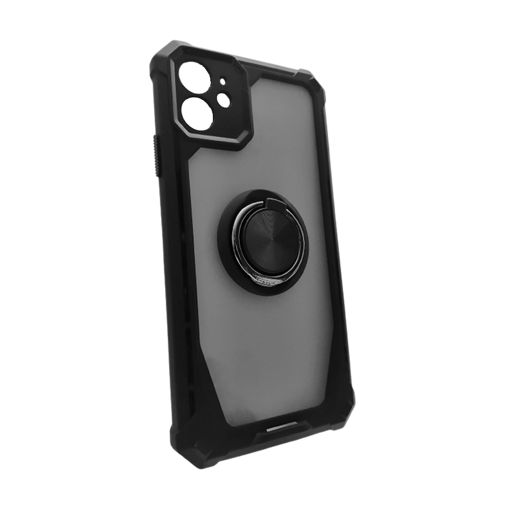 iPhone 11 Telefontok - Grip Defender - fekete szilikon keretes gyűrűs, kitámasztható, ütésálló áttetsző műanyag tok