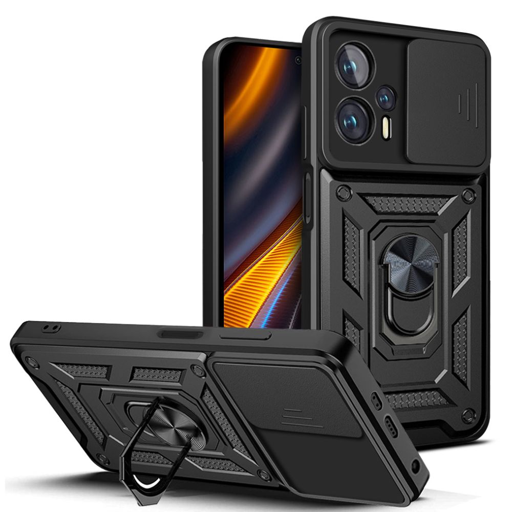 Telefontok Xiaomi Poco X4 GT 5G - Tech-Protect Camshield - fekete szilikon tok, kitámasztó ujjgyűrűvel, csúsztatható kameravédővel