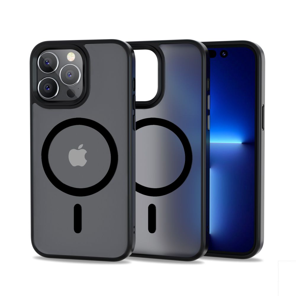 iPhone 14 Pro Max Telefontok - Tech-Protect Magmat MagSafe kompatibilis áttetsző műanyag hátlap tok, fekete szilikon kerettel
