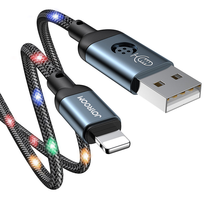 Joyroom Adatkábel- LED-es USB / Lightning szövet kábel 2.4A, szürke 1m