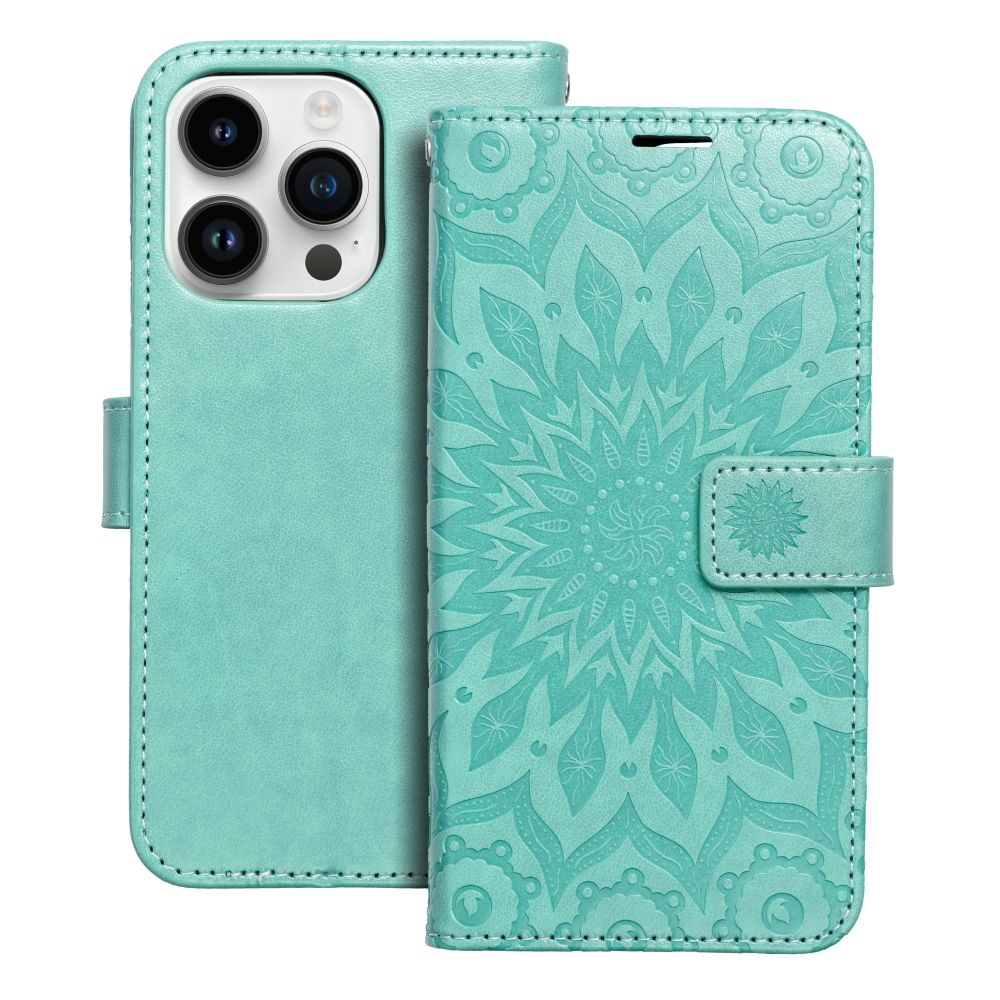 iPhone 14 Pro Max Telefontok - MEZZO mandala mintás zöld mágneses szilikon keretes könyvtok