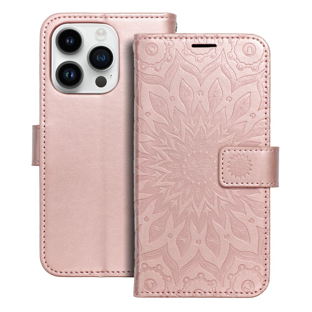 iPhone 14 Pro Telefontok - MEZZO mandala mintás rose gold mágneses szilikon keretes könyvtok