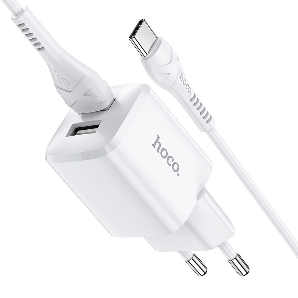 HOCO N8 Töltő - 2xUSB portos fehér hálózati töltőfej 2,4A + USB / Type-C (USB-C) kábel (1m)