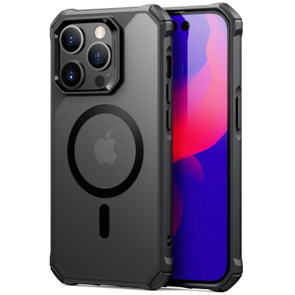iPhone 14 Pro Telefontok - ESR AIR ARMOR HALOLOCK MagSafe kompatibilis áttetsző ütésálló hátlap tok, fekete kerettel