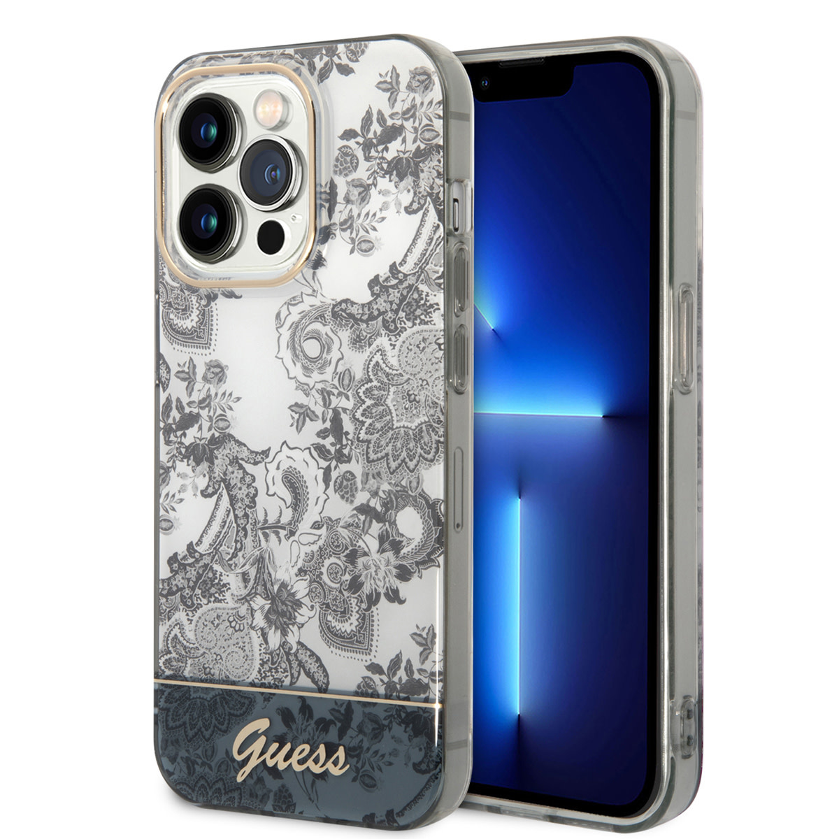 iPhone 14 Pro Telefontok - Guess Porcelain Collection - kemény hátlaptok - fekete/fehér