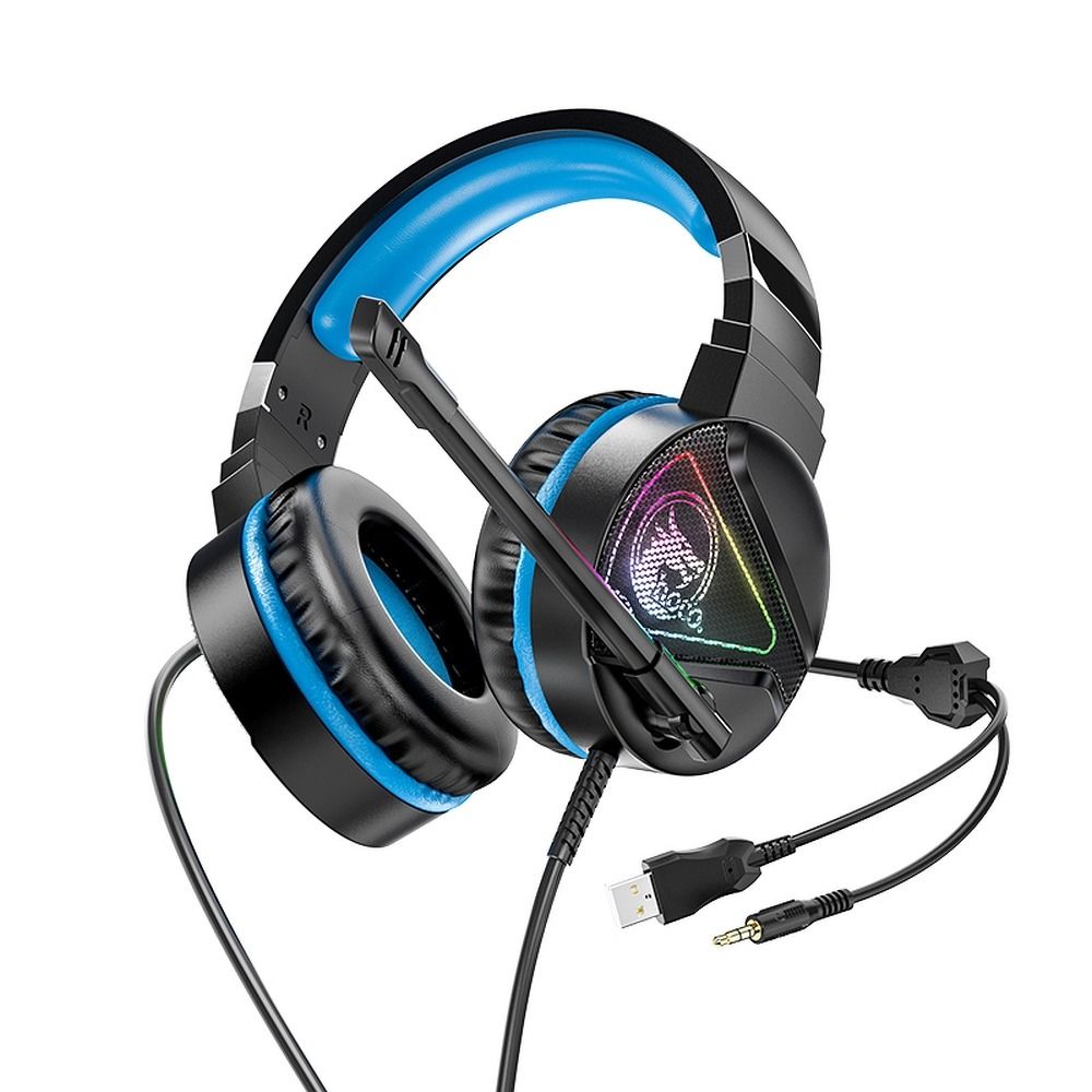 HOCO W104 - fekete/kék fejhallgató mikrofonnal (vezetékes: Jack/USB) - Headset