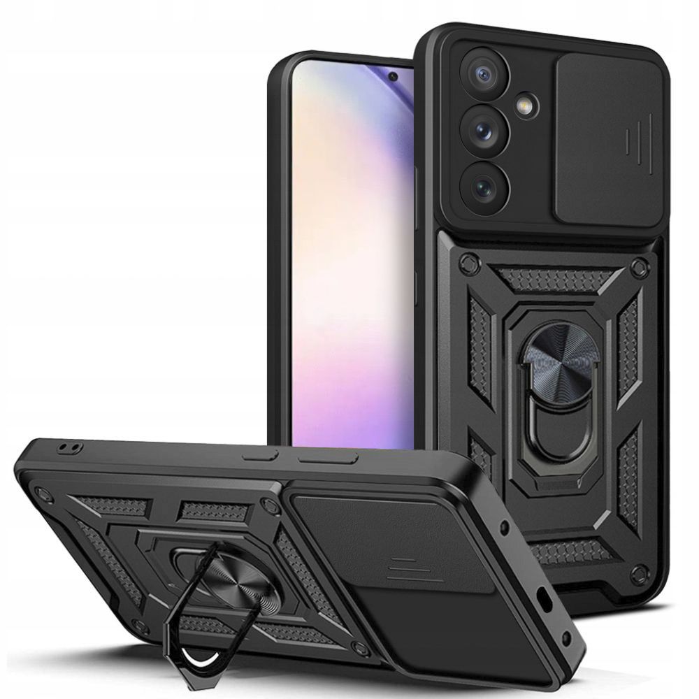 Samsung Galaxy A54 5G Telefontok - Camshield - fekete szilikon tok, kitámasztó ujjgyűrűvel, csúsztatható kameravédővel