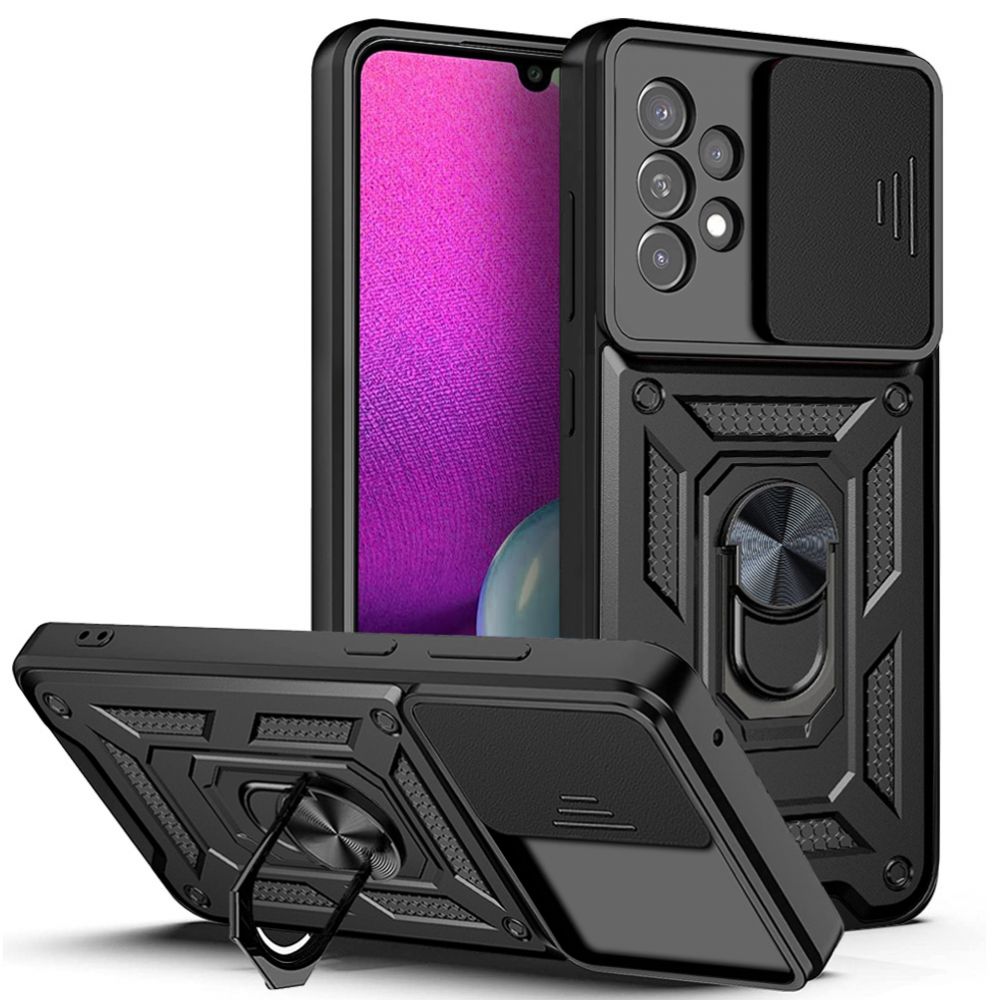 Samsung Galaxy A33 5G Telefontok - Camshield - fekete szilikon tok, kitámasztó ujjgyűrűvel, csúsztatható kameravédővel
