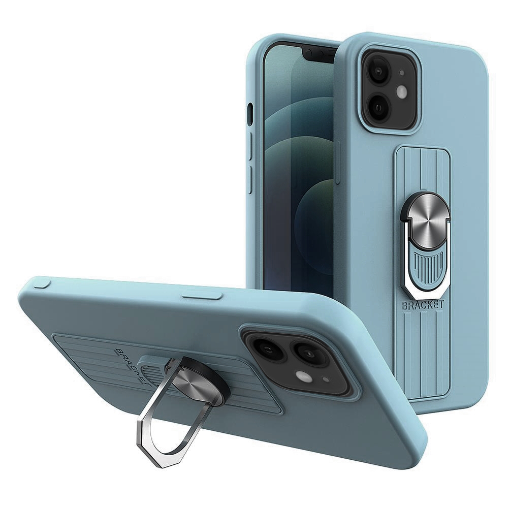 iPhone 12 mini Telefontok - szürkéskék gyűrűs, kitámasztható szilikon hátlap tok