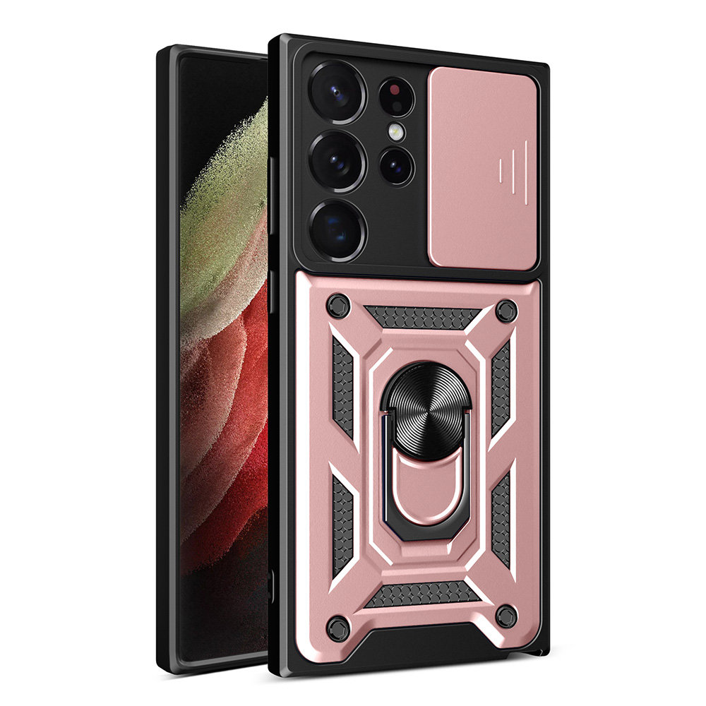 Samsung Galaxy S23 Ultra Telefontok - Hybrid Armor Camshield - pink szilikon tok, kitámasztó ujjgyűrűvel, csúsztatható kameravédővel