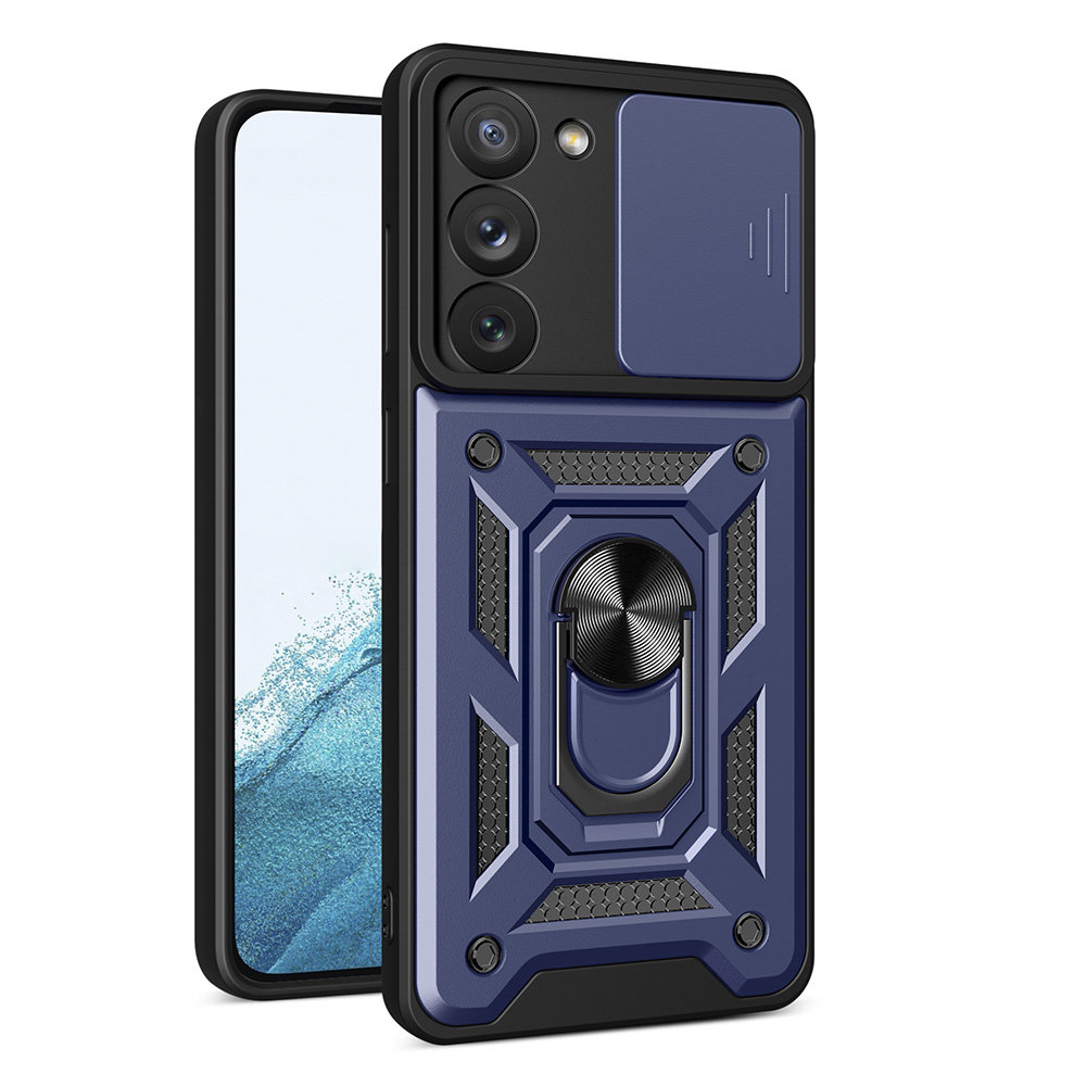 Samsung Galaxy S23 Telefontok - Hybrid Armor Camshield - kék szilikon tok, kitámasztó ujjgyűrűvel, csúsztatható kameravédővel