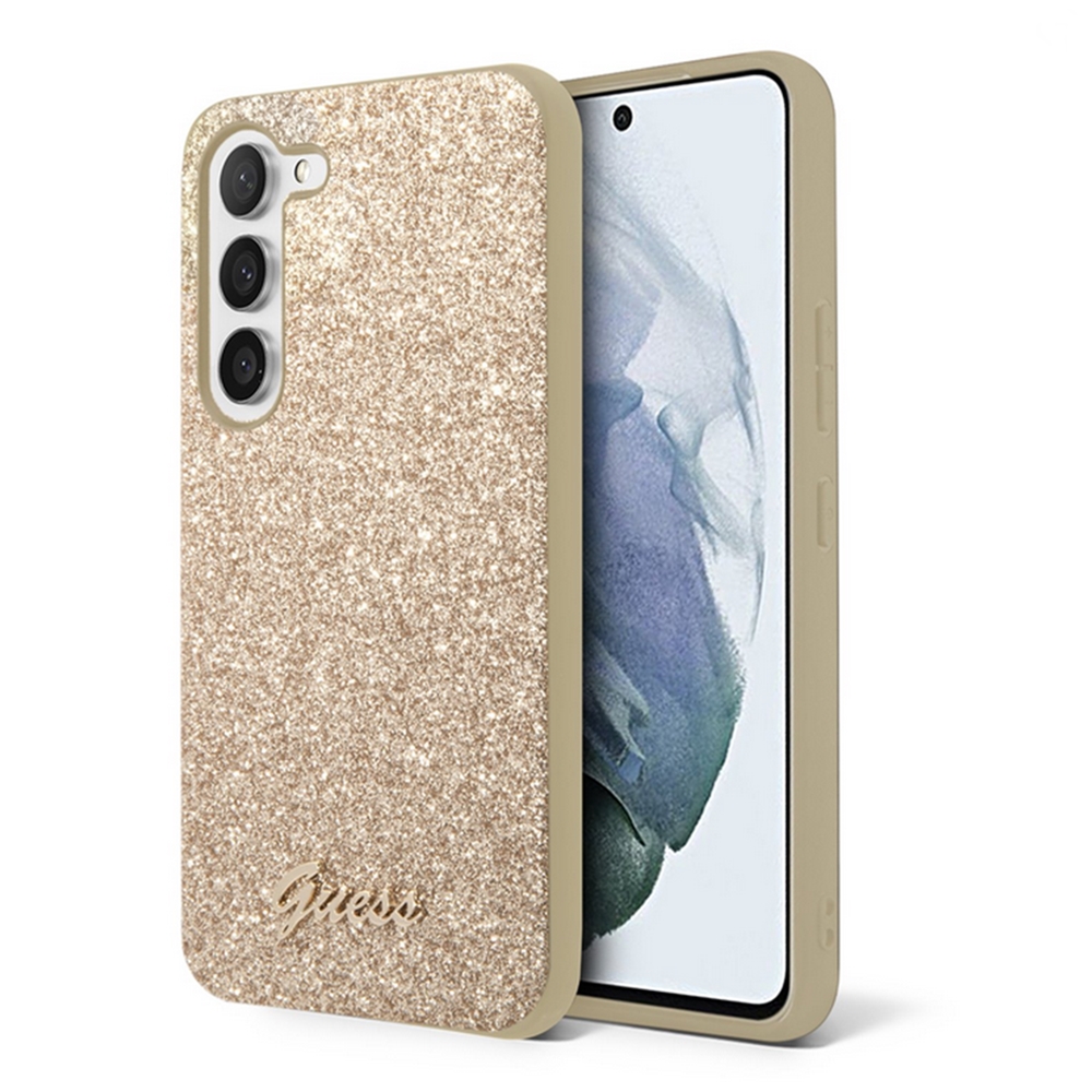 Samsung Galaxy S23 Telefontok - Guess Glitter Flakes Metal Logo Hátlaptok - Arany