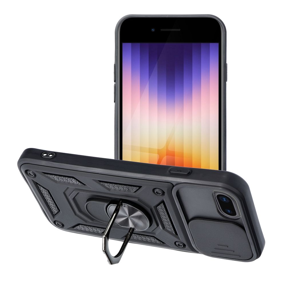 iPhone SE3 (2022) Telefontok - Camshield - fekete szilikon tok, kitámasztó ujjgyűrűvel, csúsztatható kameravédővel