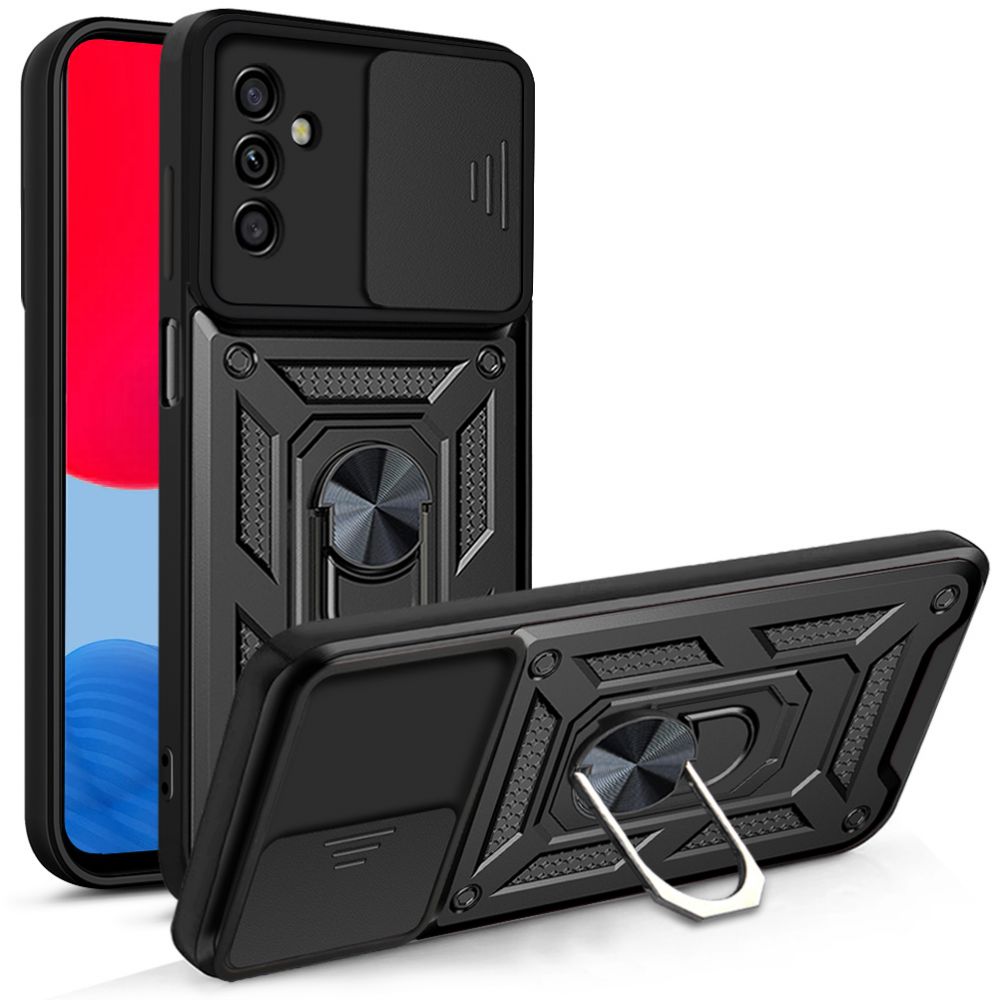 Samsung Galaxy A04s (A047) Telefontok - Camshield - fekete szilikon tok, kitámasztó ujjgyűrűvel, csúsztatható kameravédővel