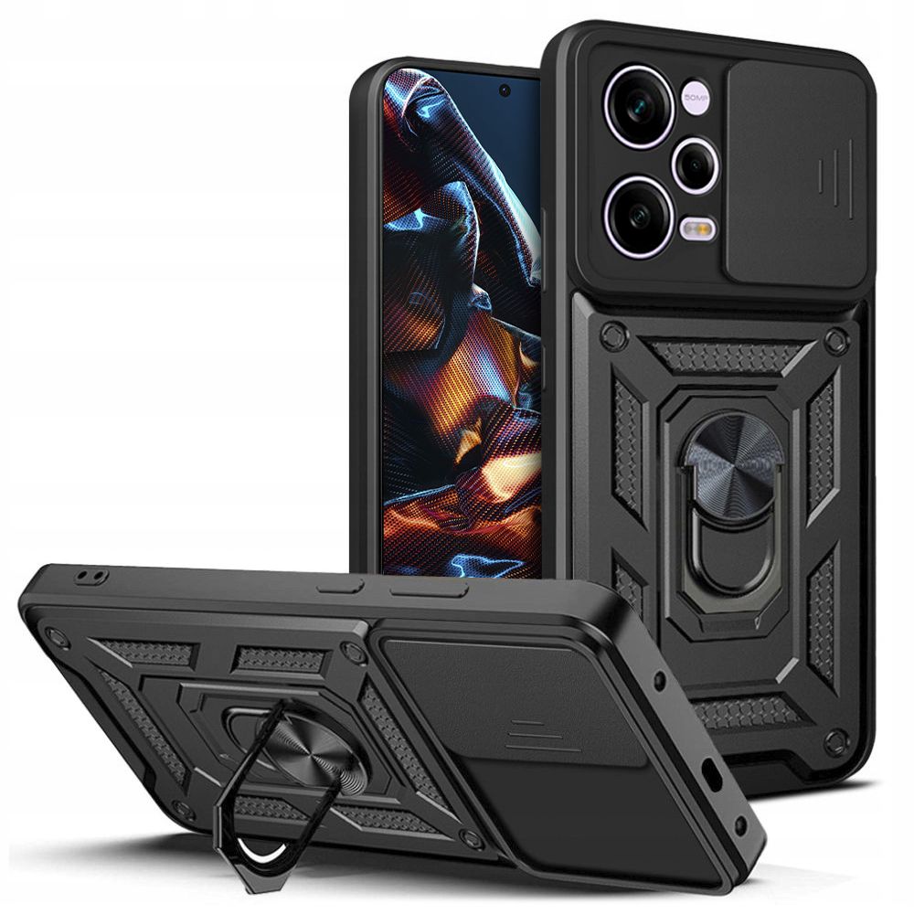 Xiaomi Poco X5 Pro 5G Telefontok - Tech-Protect Camshield - fekete szilikon tok, kitámasztó ujjgyűrűvel, csúsztatható kameravédővel