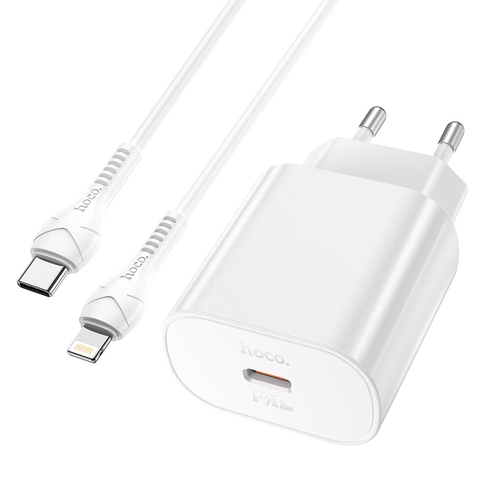 HOCO N22 Töltő - Type-C (USB-C) portos fehér hálózati gyors töltőfej 25W + Type-C (USB-C) / Lightning kábel (1m)