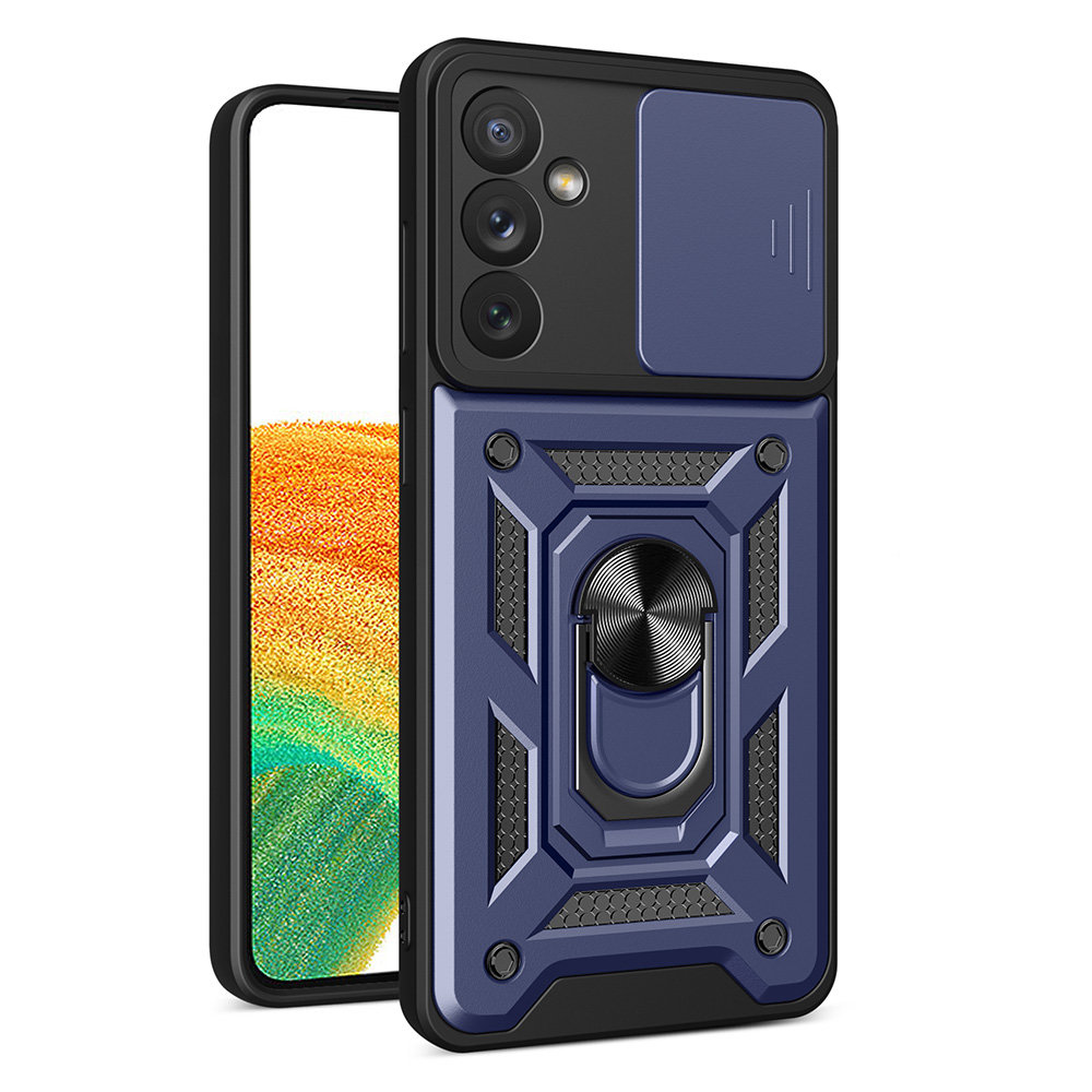 Samsung Galaxy A34 5G Telefontok - Hybrid Armor Camshield - kék szilikon tok, kitámasztó ujjgyűrűvel, csúsztatható kameravédővel