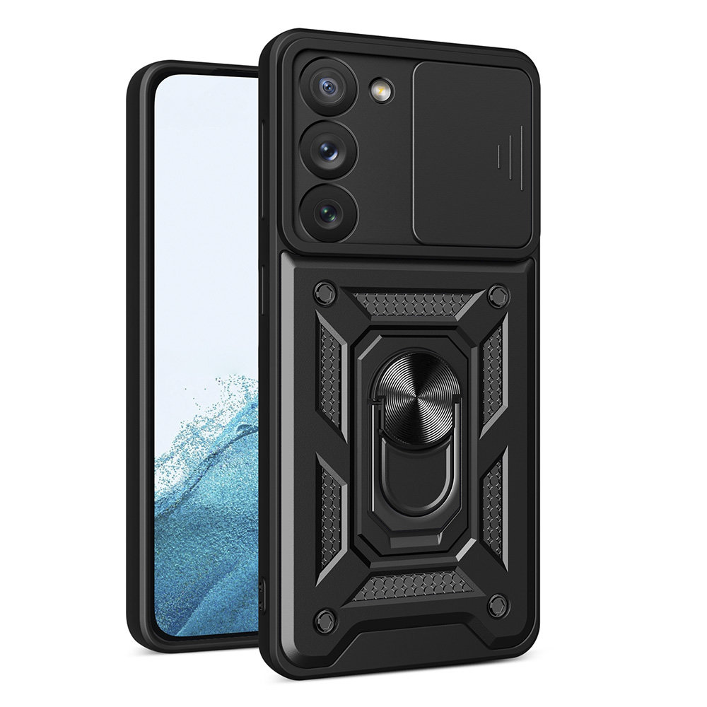 Samsung Galaxy S23 Telefontok - Hybrid Armor Camshield - fekete szilikon tok, kitámasztó ujjgyűrűvel, csúsztatható kameravédővel