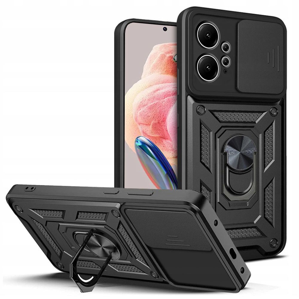 Xiaomi Redmi Note 12 4G / LTE Telefontok - Camshield - fekete szilikon tok, kitámasztó ujjgyűrűvel, csúsztatható kameravédővel