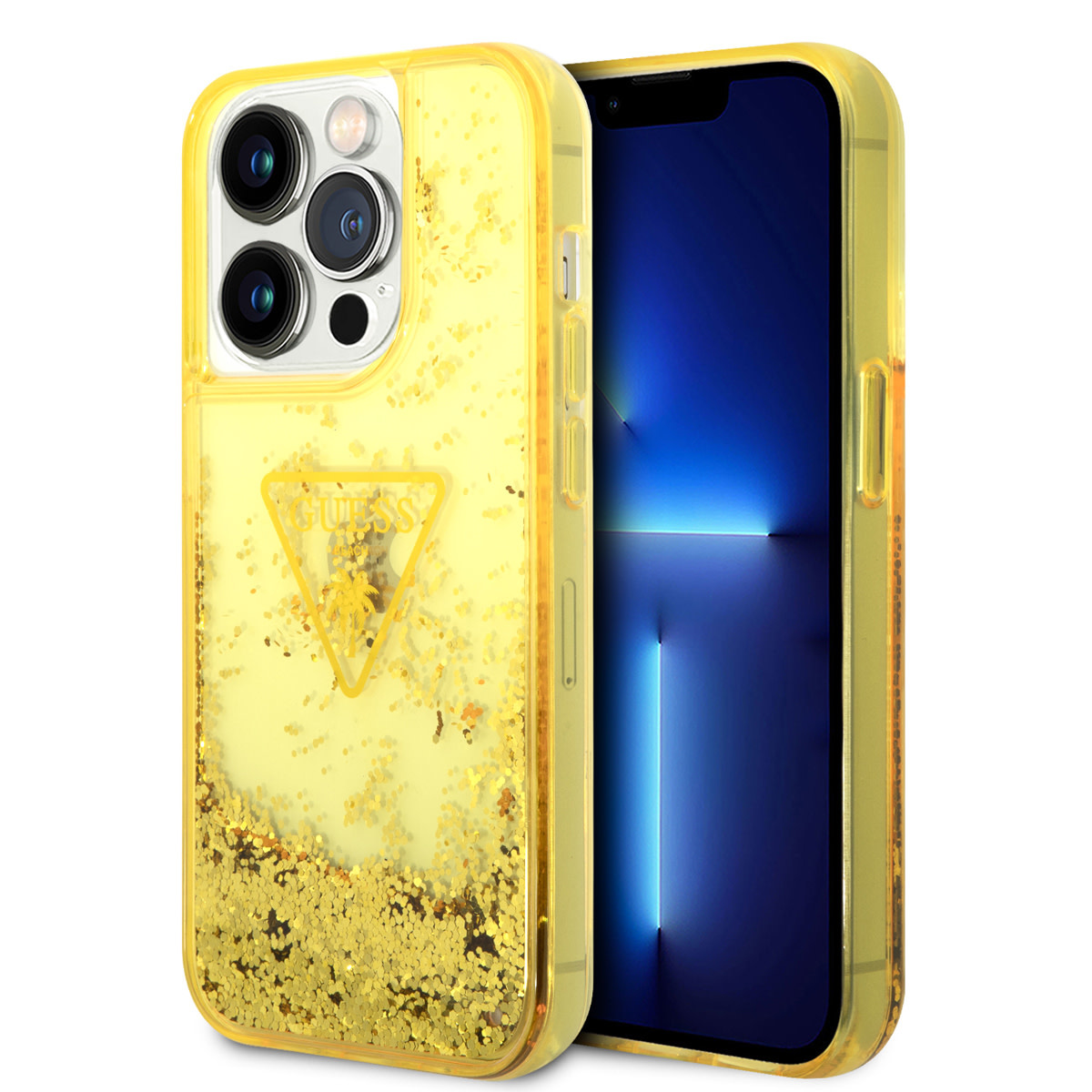 iPhone 14 Pro Telefontok - Guess Liquid Glitter - kemény hátlaptok - Sárga